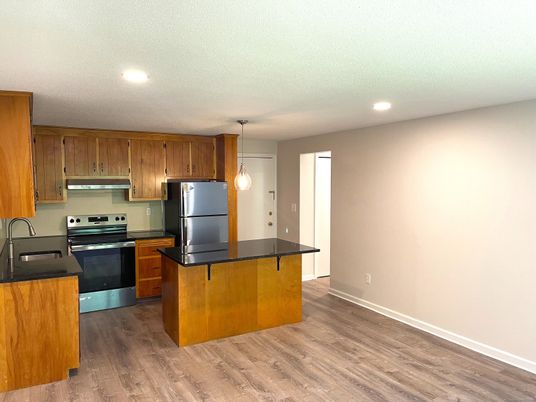Interior, Kitchen, Pendant Lights, Recessed Lighting, Wood Texture Flooring