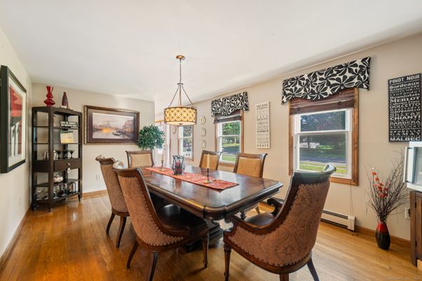 Dining room, Interior, Pendant Lights, Wood Texture Flooring