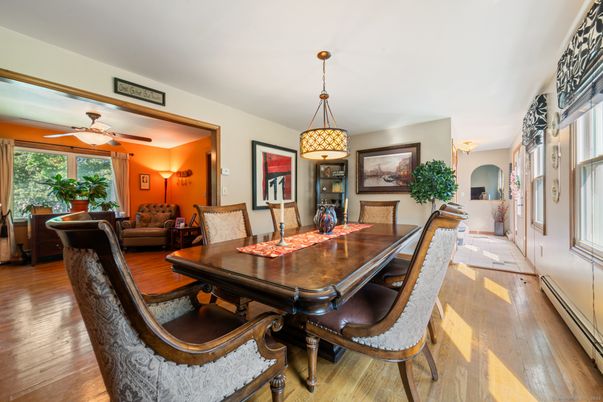 Dining room, Interior, Pendant Lights, Wood Texture Flooring