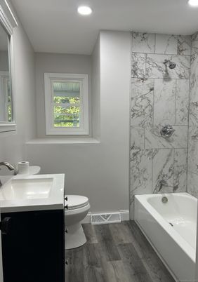 Bathroom, Interior, Marble Walls, Recessed Lighting, Wood Texture Flooring