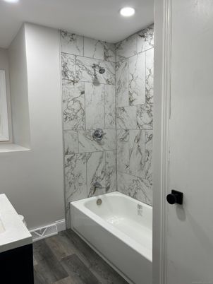 Bathroom, Interior, Marble Walls, Recessed Lighting, Wood Texture Flooring