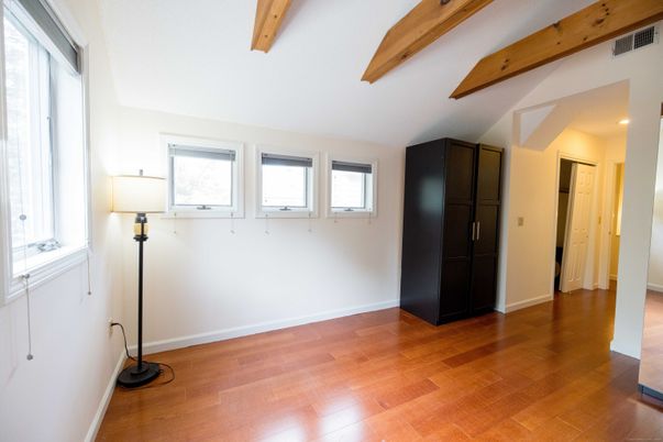 Empty room, Interior, Recessed Lighting, Wooden Beams, Wood Texture Flooring