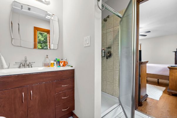 Bathroom, Glass Shower, Interior, Wood Texture Flooring