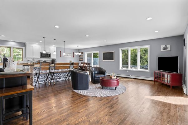 Dining room, Interior, Kitchen, Living room, Pendant Lights, Recessed Lighting, Wood Texture Flooring
