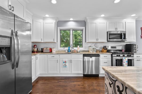 Interior, Kitchen, Recessed Lighting, Stainless Steel Appliances, Wood Texture Flooring
