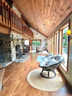 Dining room, Fireplace, Interior, Pendant Lights, Wooden Ceilings, Wood Texture Flooring