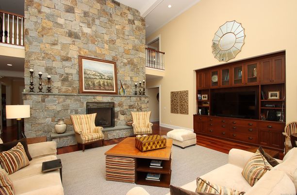 Fireplace, Interior, Living room, Recessed Lighting, Stone Walls