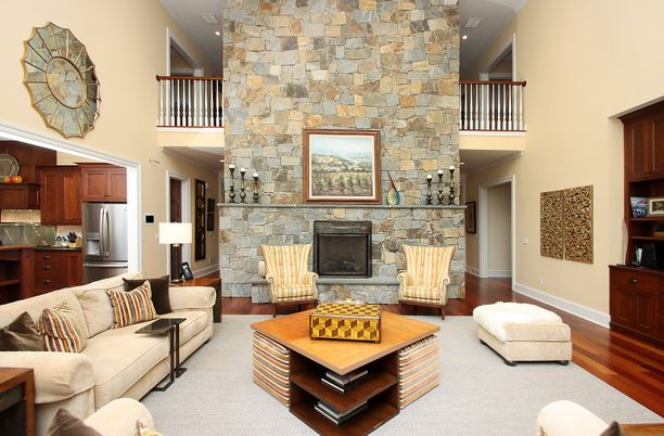 Fireplace, Interior, Kitchen, Living room, Recessed Lighting, Stainless Steel Appliances, Stone Walls, Wood Texture Flooring