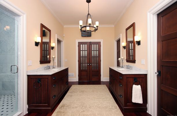 Bathroom, Chandelier, Dual Sink Vanities, Interior, Marble Walls, Pendant Lights, Wood Texture Flooring