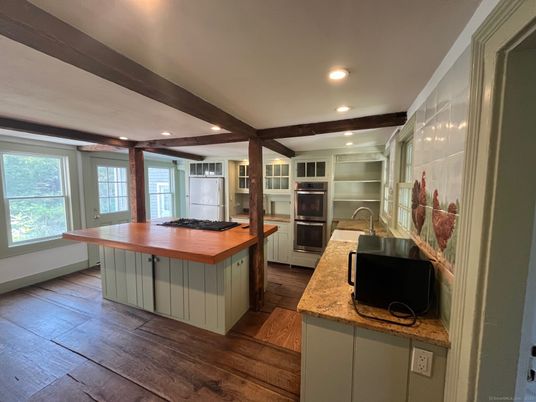 Interior, Kitchen, Recessed Lighting, Stainless Steel Appliances, Wooden Beams, Wood Texture Flooring