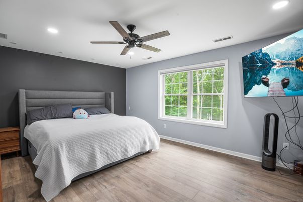 Bedroom, Interior, Recessed Lighting, Wood Texture Flooring