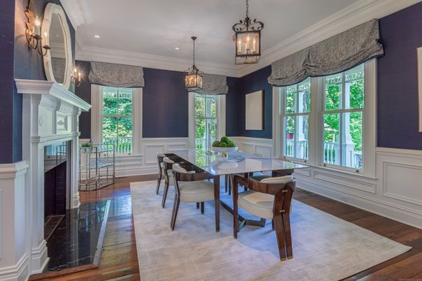 Dining room, Fireplace, Interior, Pendant Lights, Recessed Lighting, Wood Texture Flooring