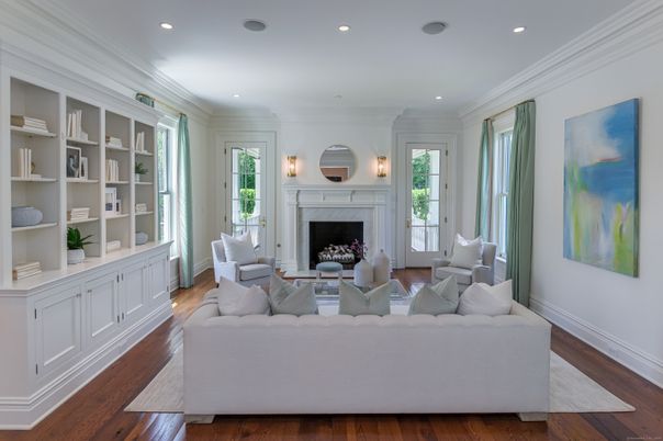 Fireplace, Interior, Living room, Recessed Lighting, Wood Texture Flooring