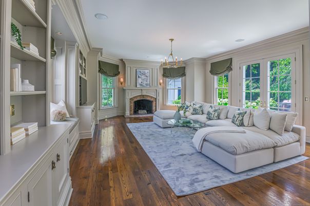 Fireplace, Interior, Living room, Pendant Lights, Recessed Lighting, Wood Texture Flooring