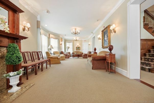 Chandelier, Fireplace, Interior, Living room, Recessed Lighting