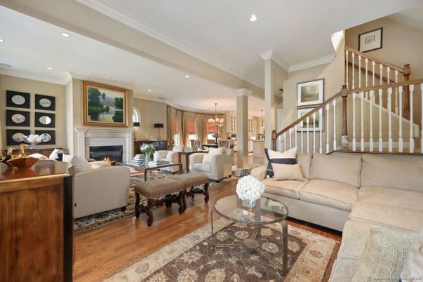 Chandelier, Dining room, Fireplace, Interior, Living room, Recessed Lighting, Wood Texture Flooring