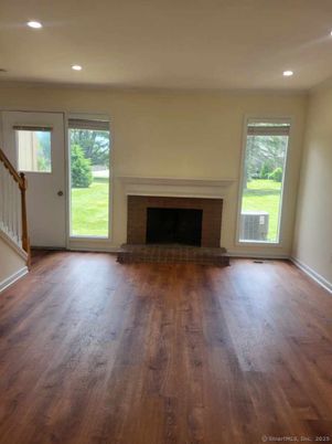 Empty room, Fireplace, Interior, Recessed Lighting, Wood Texture Flooring