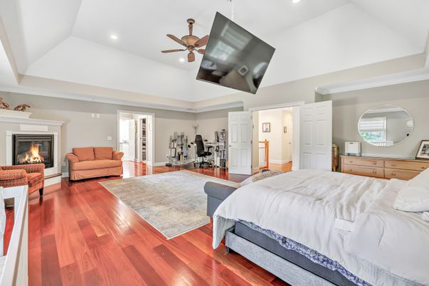 Bedroom, Fireplace, Interior, Recessed Lighting, Wood Texture Flooring