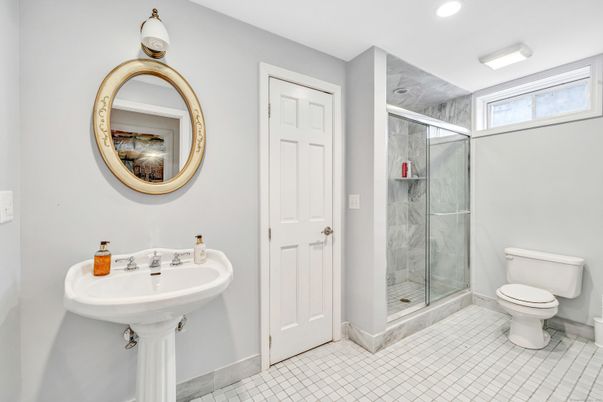 Bathroom, Glass Shower, Interior, Marble Walls, Recessed Lighting