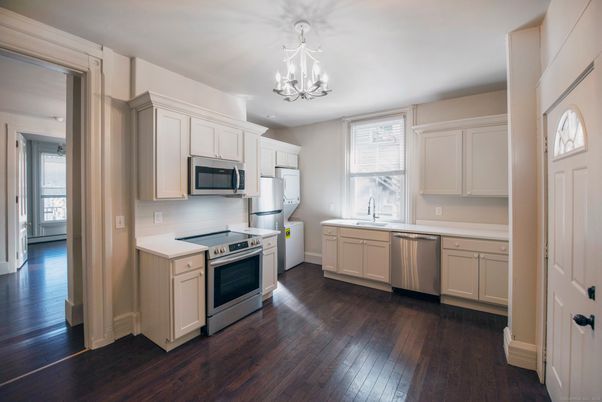 Chandelier, Interior, Kitchen, Stainless Steel Appliances, Wood Texture Flooring