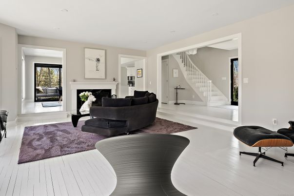 Fireplace, Interior, Living room, Recessed Lighting, Wood Texture Flooring