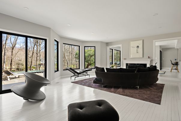 Fireplace, Interior, Living room, Recessed Lighting, Wood Texture Flooring