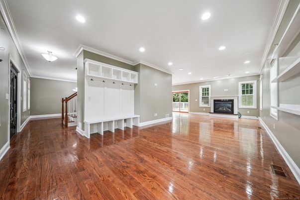 Empty room, Fireplace, Interior, Recessed Lighting, Wood Texture Flooring