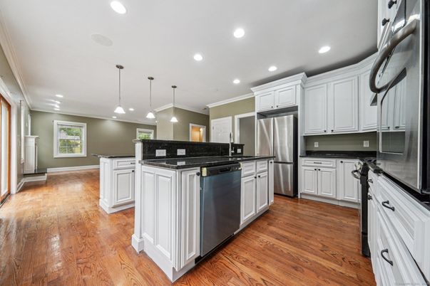 Interior, Kitchen, Pendant Lights, Recessed Lighting, Stainless Steel Appliances, Wood Texture Flooring