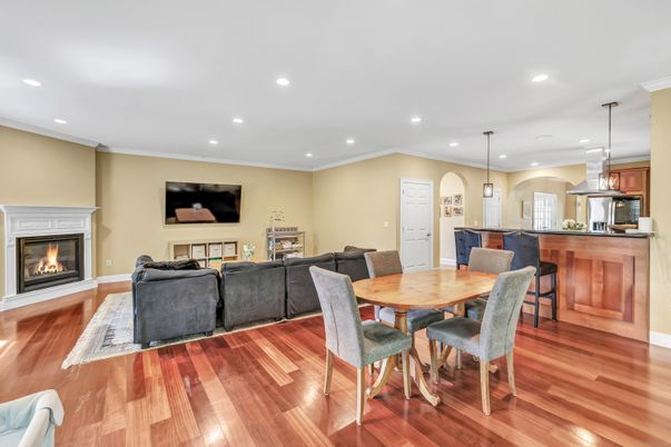 Dining room, Fireplace, Interior, Kitchen, Living room, Pendant Lights, Recessed Lighting, Wood Texture Flooring