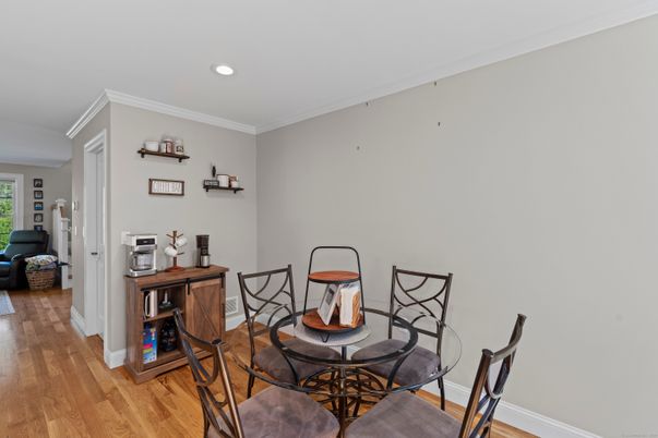 Dining room, Interior, Recessed Lighting, Wood Texture Flooring