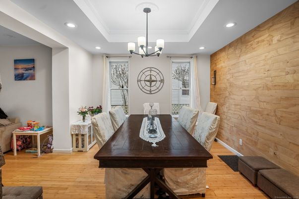 Chandelier, Dining room, Interior, Recessed Lighting, Stone Walls, Wood Texture Flooring, Wooden Walls