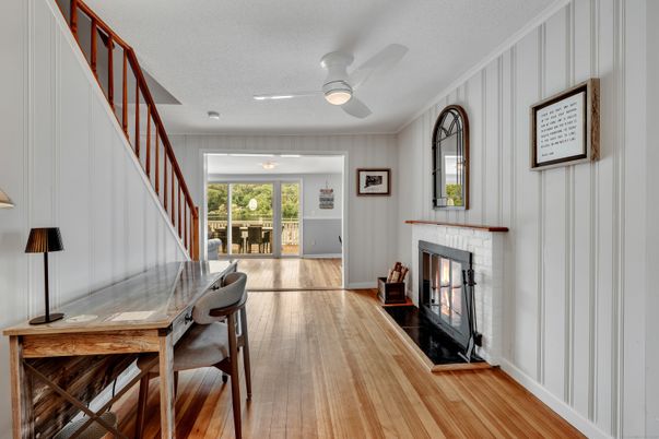 Dining room, Fireplace, Interior, Wood Texture Flooring