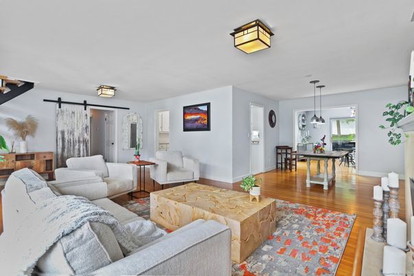 Dining room, Interior, Living room, Pendant Lights, Wood Texture Flooring