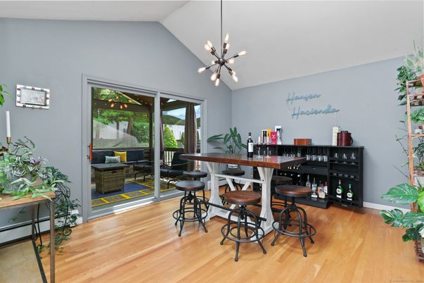 Dining room, Interior, Pendant Lights, Wood Texture Flooring