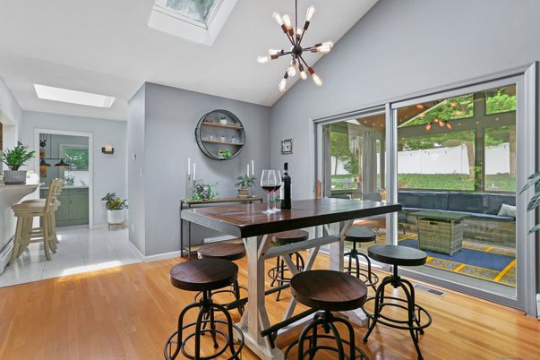 Dining room, Interior, Pendant Lights, Wood Texture Flooring