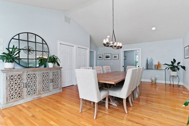 Chandelier, Dining room, Interior, Pendant Lights, Recessed Lighting, Wood Texture Flooring
