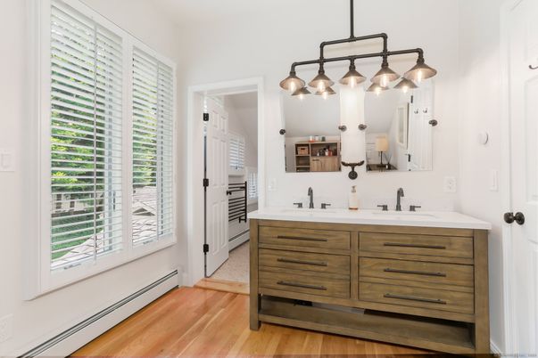 Bathroom, Dual Sink Vanities, Interior, Pendant Lights, Wood Texture Flooring
