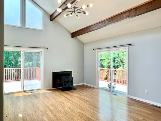 Empty room, Fireplace, Interior, Pendant Lights, Wooden Beams, Wood Texture Flooring
