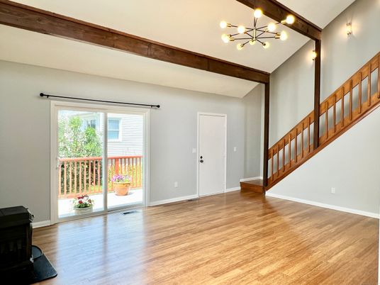 Empty room, Interior, Pendant Lights, Wooden Beams, Wood Texture Flooring