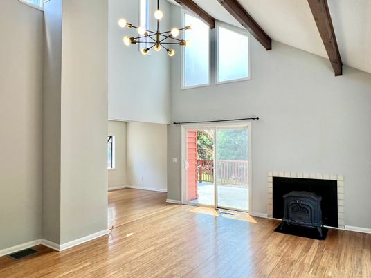 Empty room, Fireplace, Interior, Pendant Lights, Wooden Beams, Wood Texture Flooring