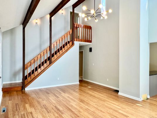 Empty room, Interior, Pendant Lights, Wood Texture Flooring