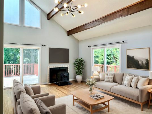 Fireplace, Interior, Living room, Pendant Lights, Wooden Beams, Wood Texture Flooring