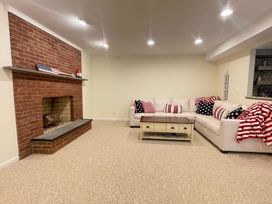 Fireplace, Interior, Living room, Recessed Lighting, Stone Walls