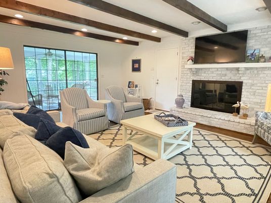 Fireplace, Interior, Living room, Recessed Lighting, Stone Walls, Wooden Beams
