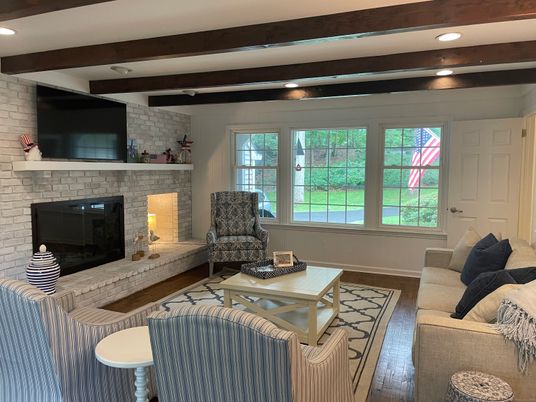Fireplace, Interior, Living room, Recessed Lighting, Stone Walls, Wooden Beams, Wood Texture Flooring