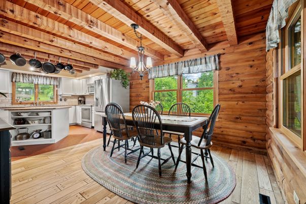 Dining room, Interior, Kitchen, Pendant Lights, Wooden Beams, Wooden Ceilings, Wood Texture Flooring, Wooden Walls