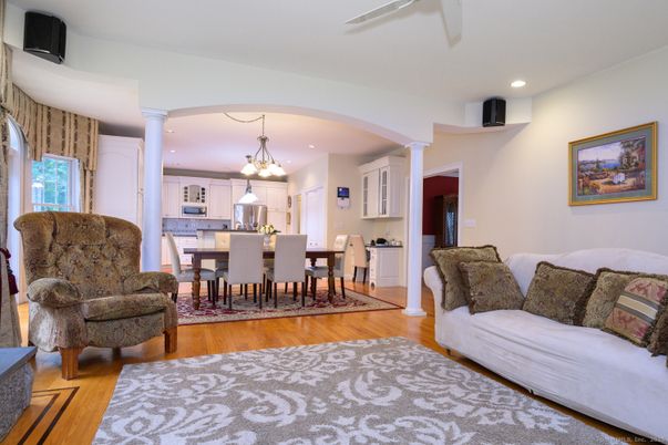 Chandelier, Dining room, Interior, Kitchen, Living room, Pendant Lights, Recessed Lighting, Wood Texture Flooring