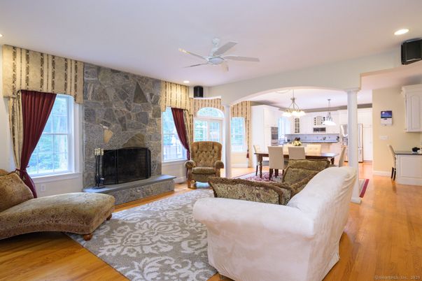 Dining room, Fireplace, Interior, Kitchen, Living room, Pendant Lights, Recessed Lighting, Stone Walls, Wood Texture Flooring