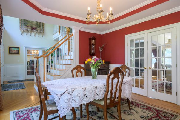 Chandelier, Dining room, Interior, Wood Texture Flooring