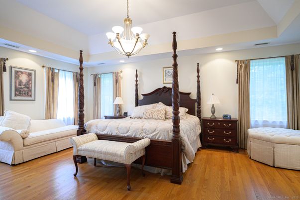Bedroom, Chandelier, Interior, Recessed Lighting, Wood Texture Flooring